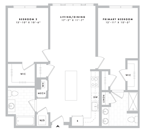 Floor plan for 2 beds, 2 baths, 1077 sqft